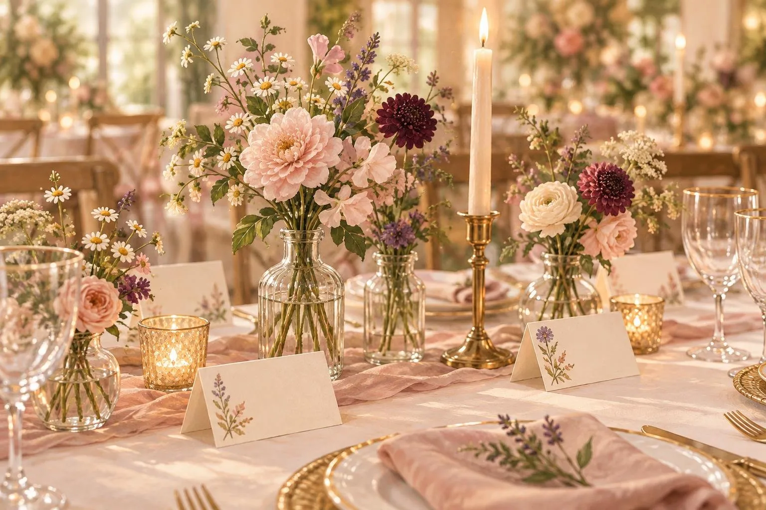 Illustration of a welcoming reception table with handwritten place cards and garden flowers