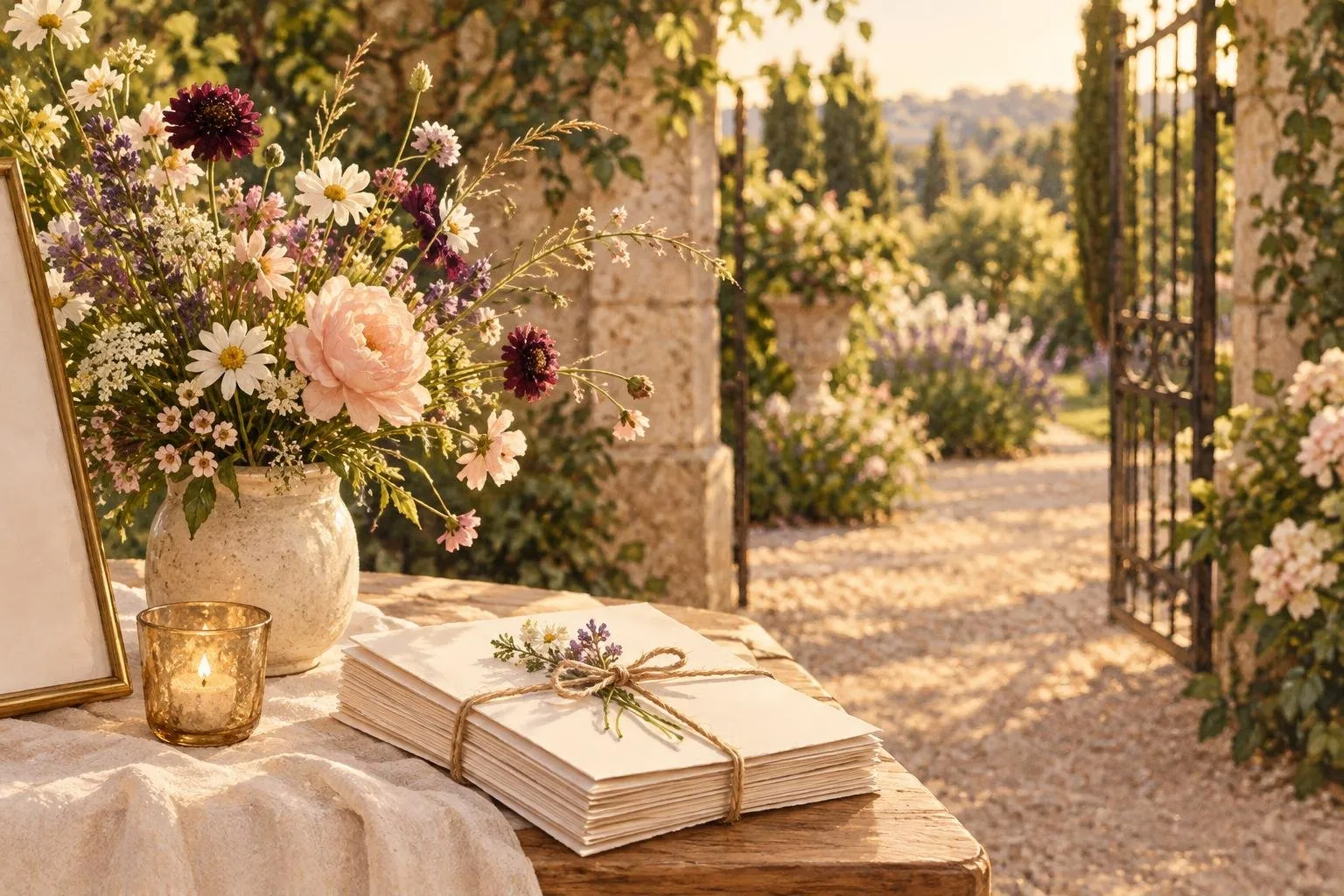 Illustration of a welcome table with wildflowers and programs at a garden entrance
