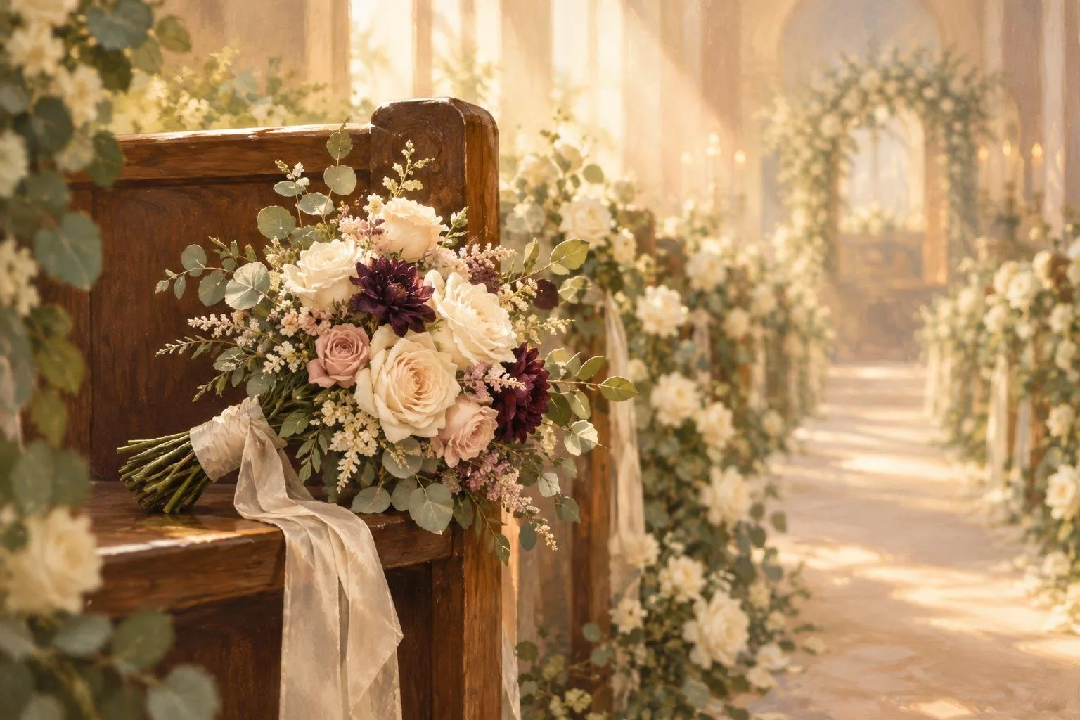 Bouquet resting on a pew at the end of a rose-lined aisle