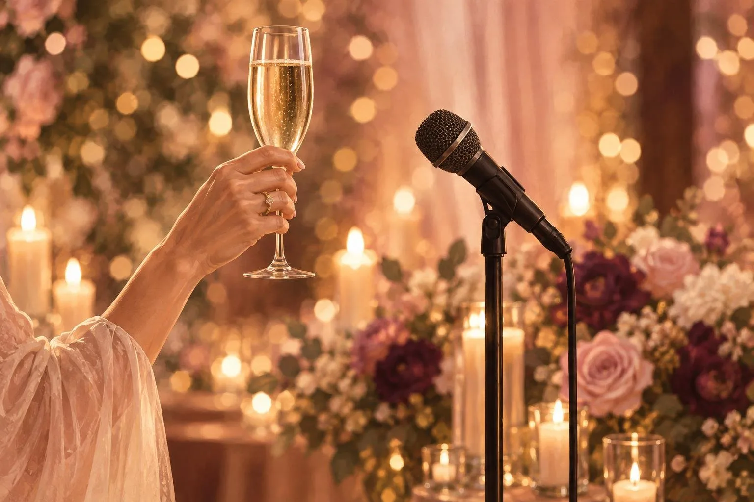 Raised glass and microphone on a candlelit stage