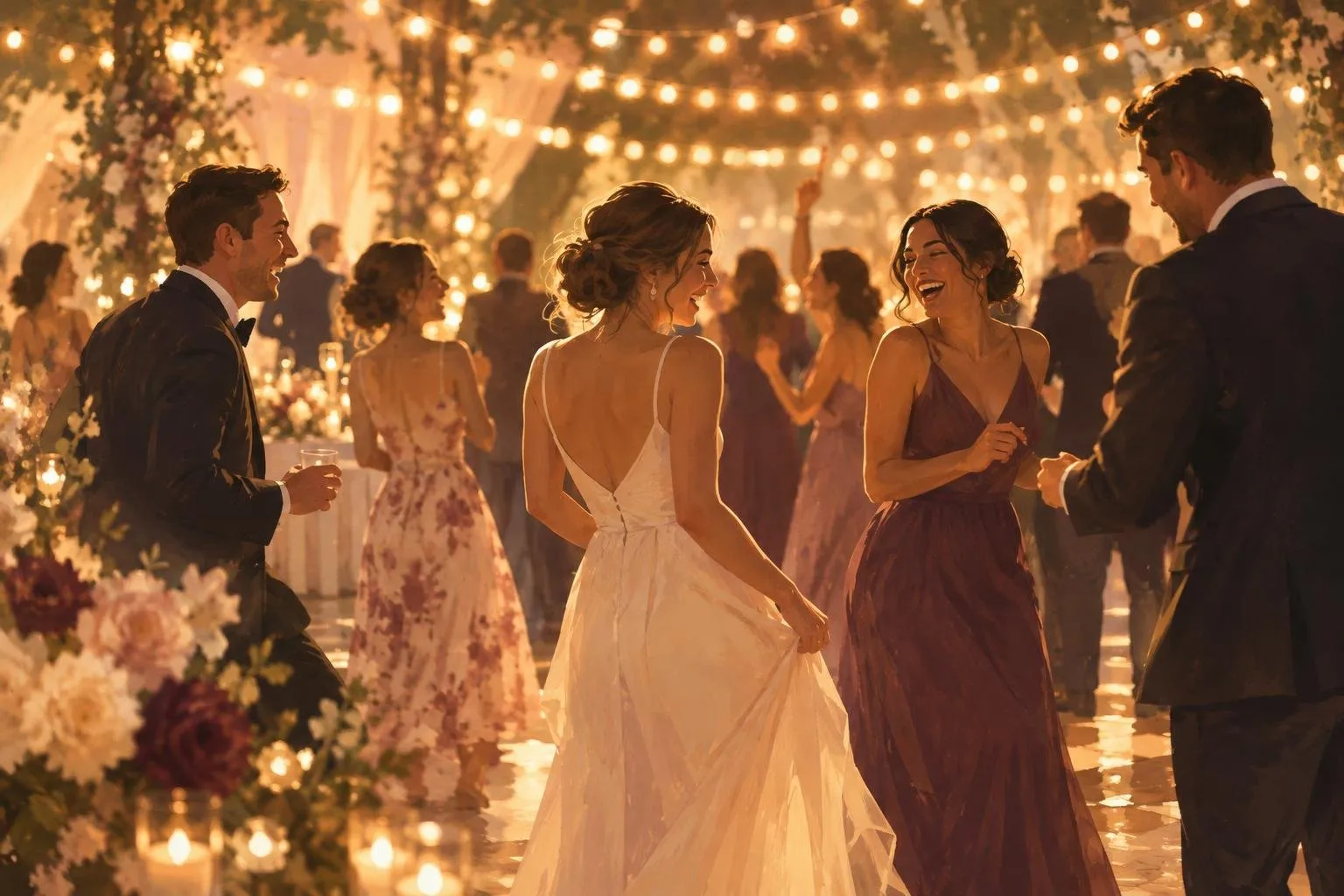 Dance floor under string lights with guests laughing