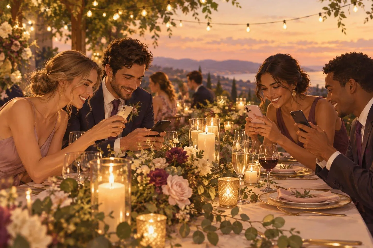 Guests smiling over their phones at a candlelit reception table under string lights