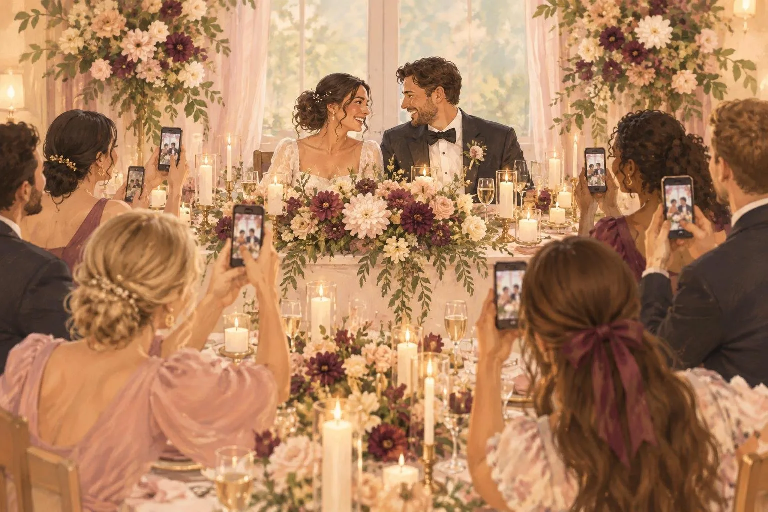 Wedding couple at the head table with guests gathered around and holding up their phones