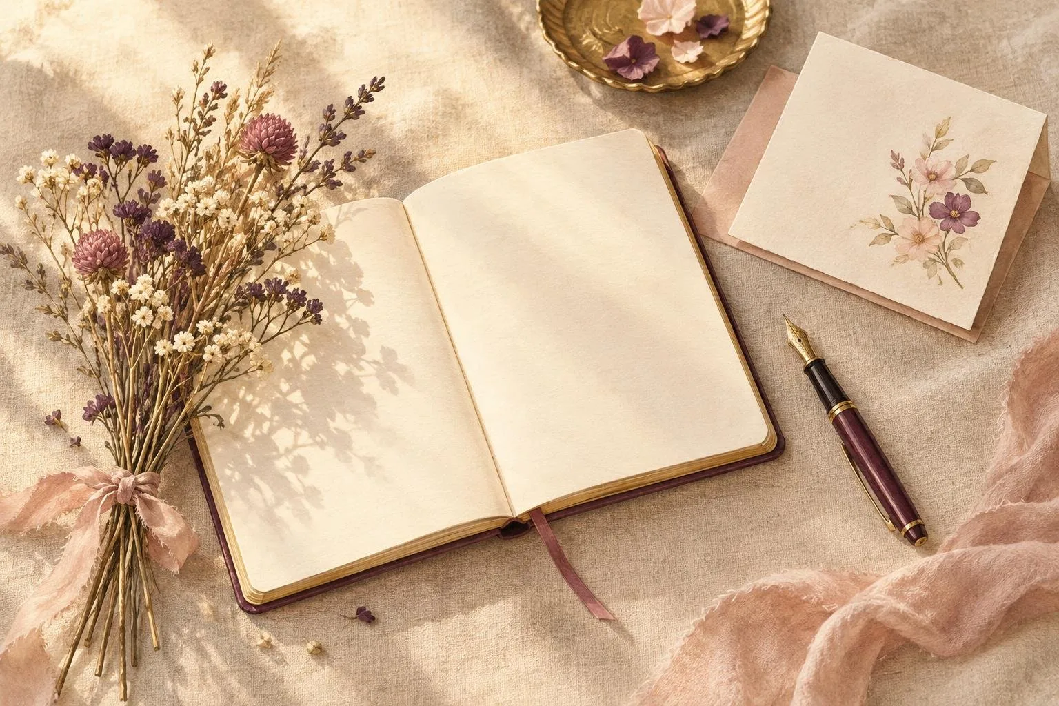 A notebook, fountain pen and sprig of flowers arranged on linen for planning