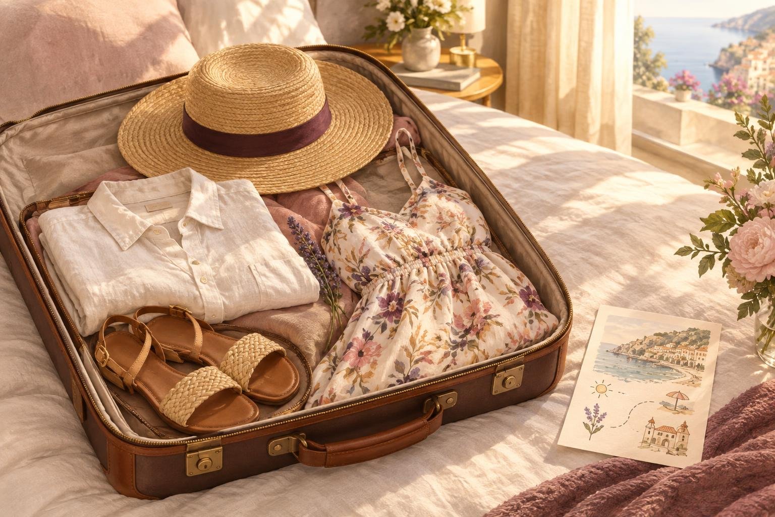 Illustrated open suitcase on a linen bed with folded clothes, sandals, a straw hat and a travel itinerary card