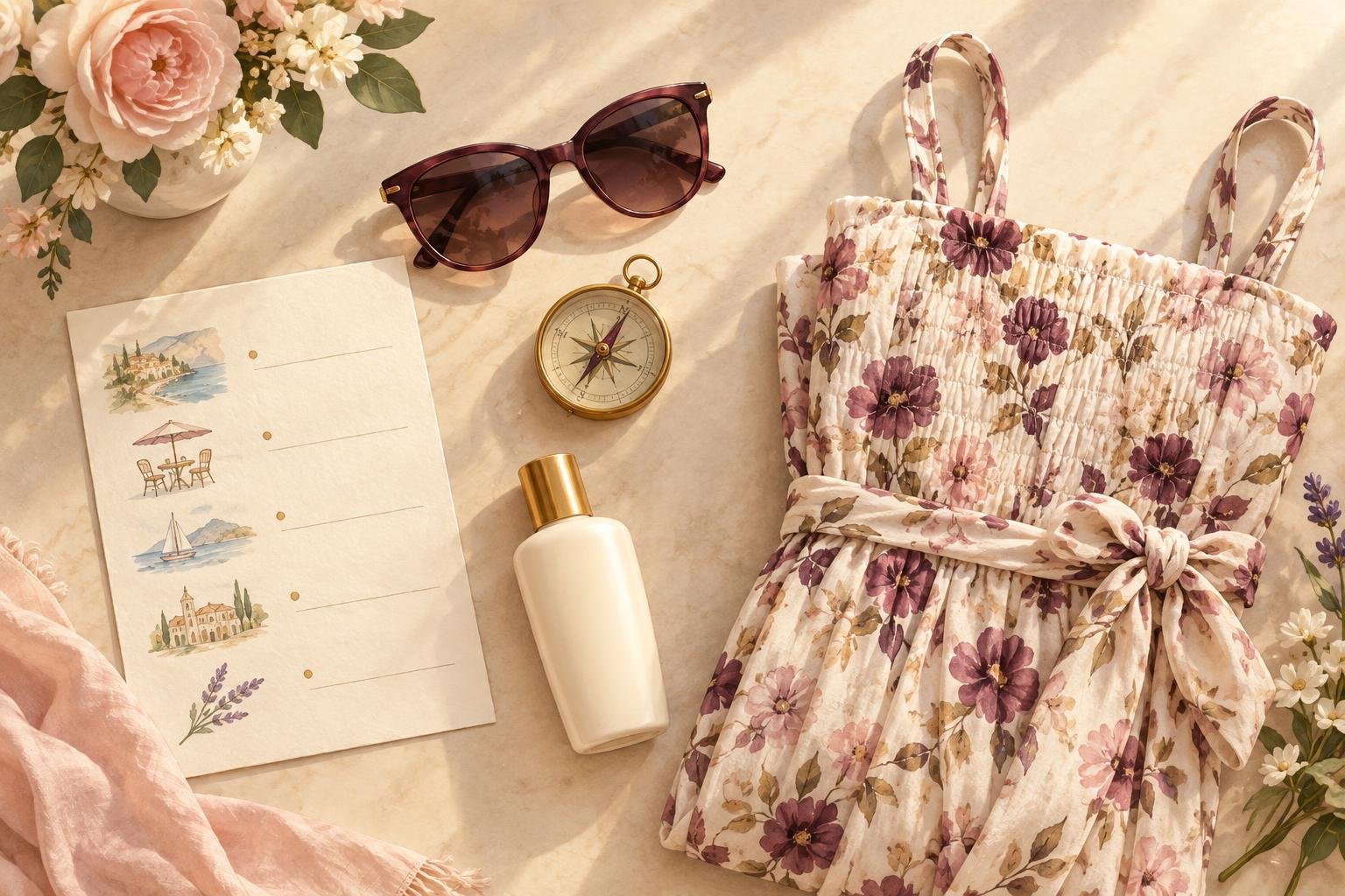 Illustrated flat lay of an itinerary card with sunglasses, sunscreen and folded clothes grouped by day