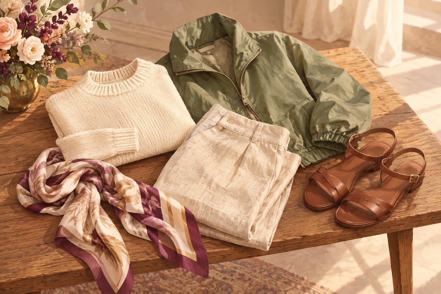 Illustrated capsule wardrobe of layered knits, a packable jacket, linen trousers and leather sandals