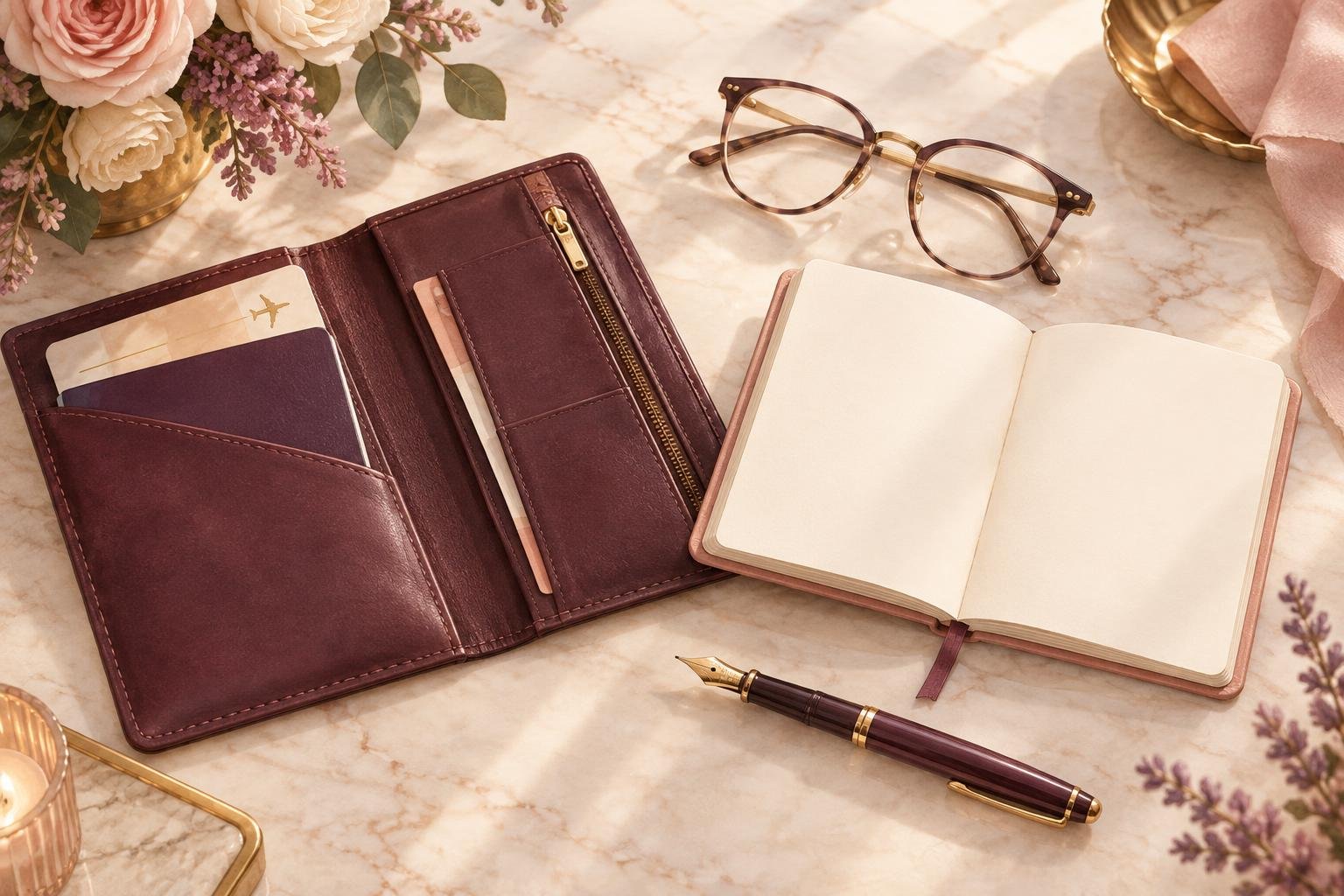 Illustrated leather travel folder, notebook, reading glasses and fountain pen on a marble table