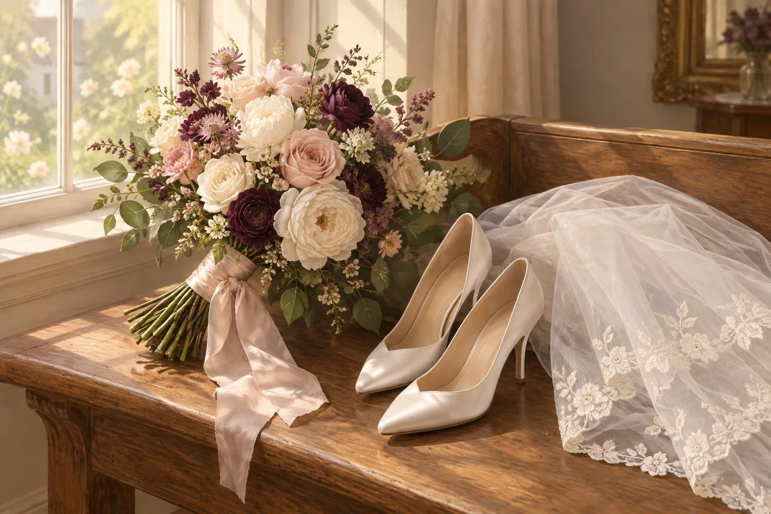 Bridal bouquet, satin shoes and folded veil resting on a bench in morning light