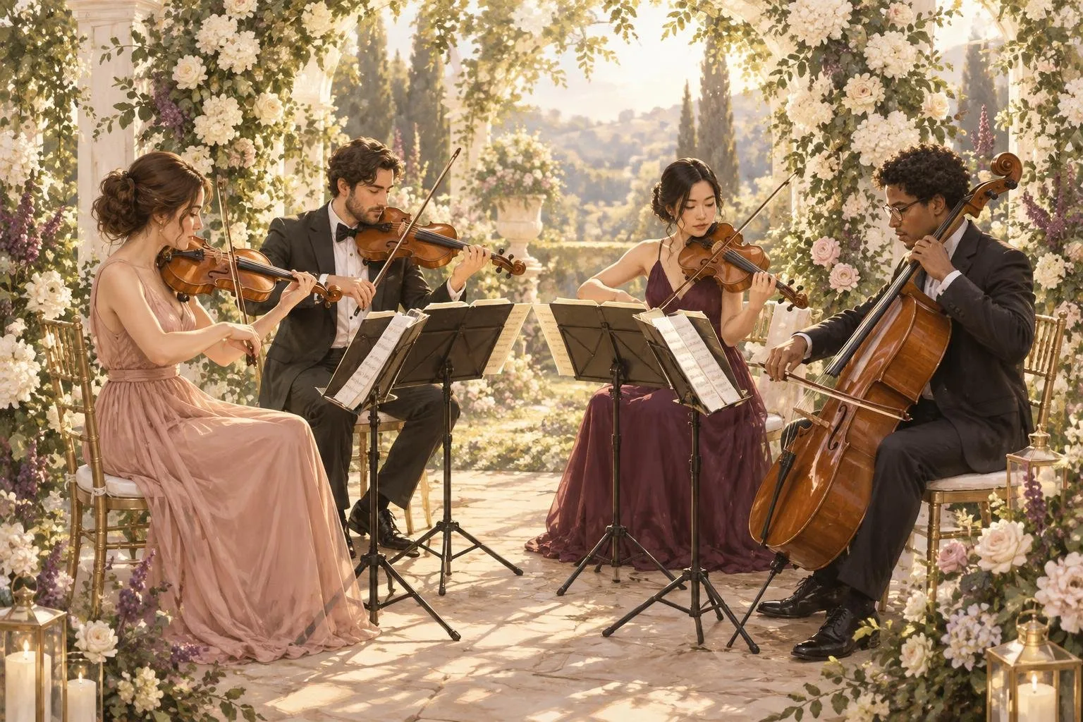 String quartet performing at an elegant garden ceremony