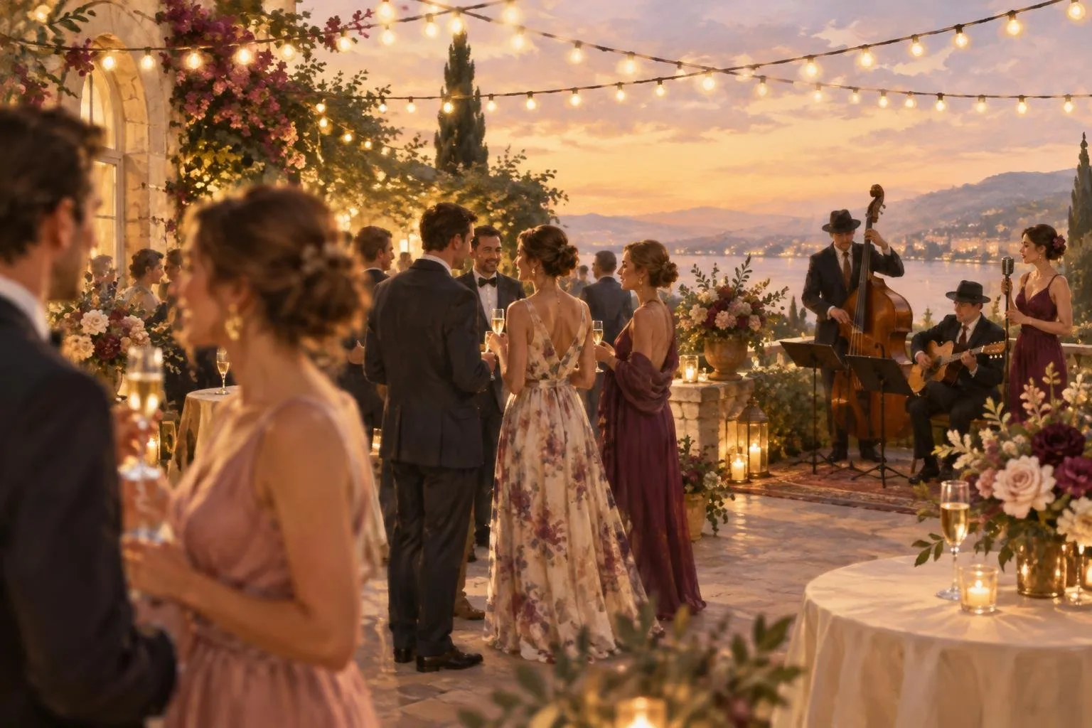 Guests mingling at a cocktail hour with a jazz trio in the background
