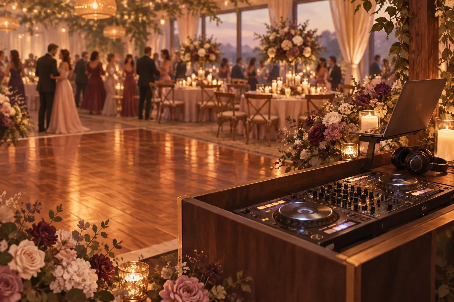DJ setup beside a candlelit wooden dance floor at a reception