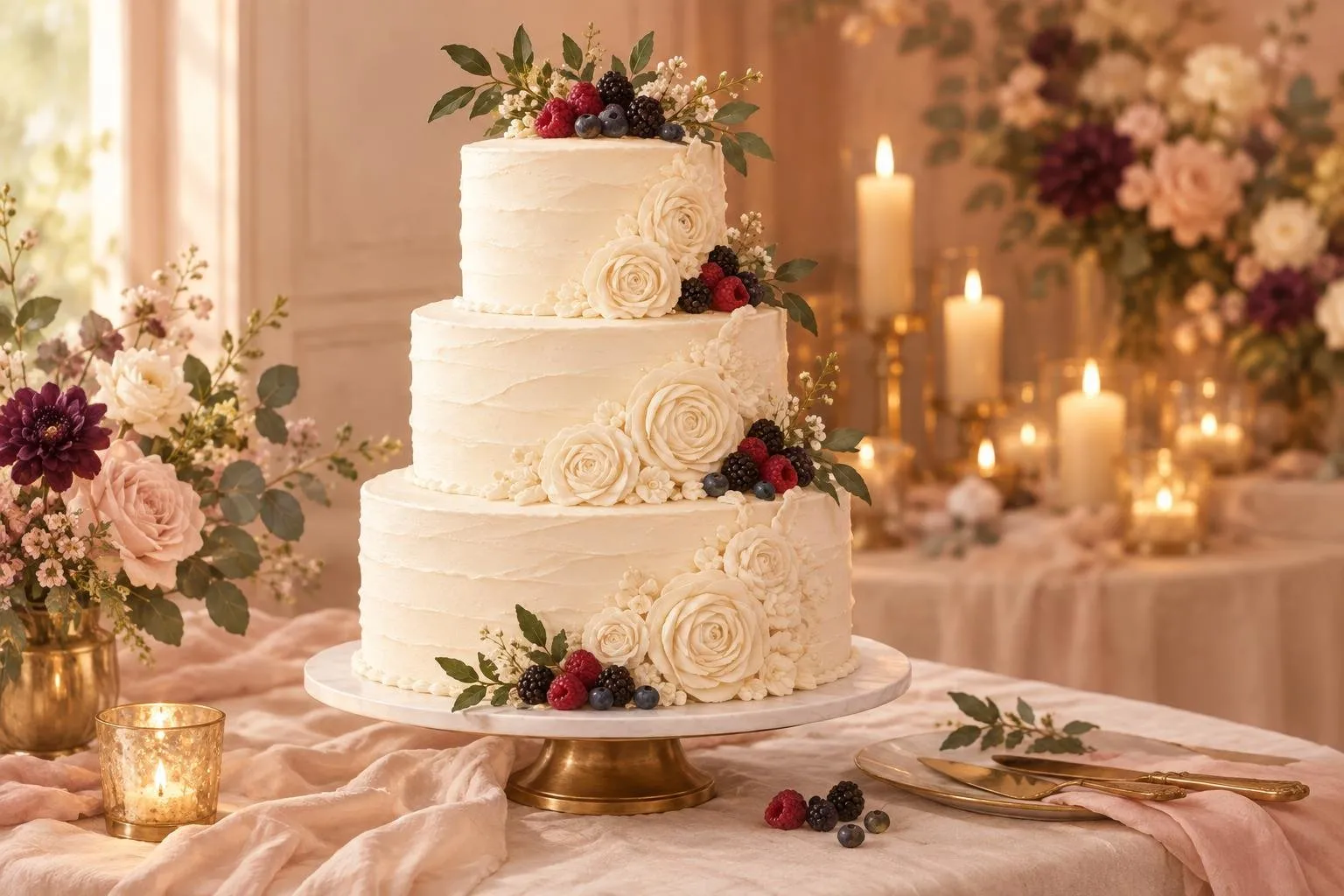 Elegant three-tier white wedding cake decorated with buttercream rosettes and fresh berries