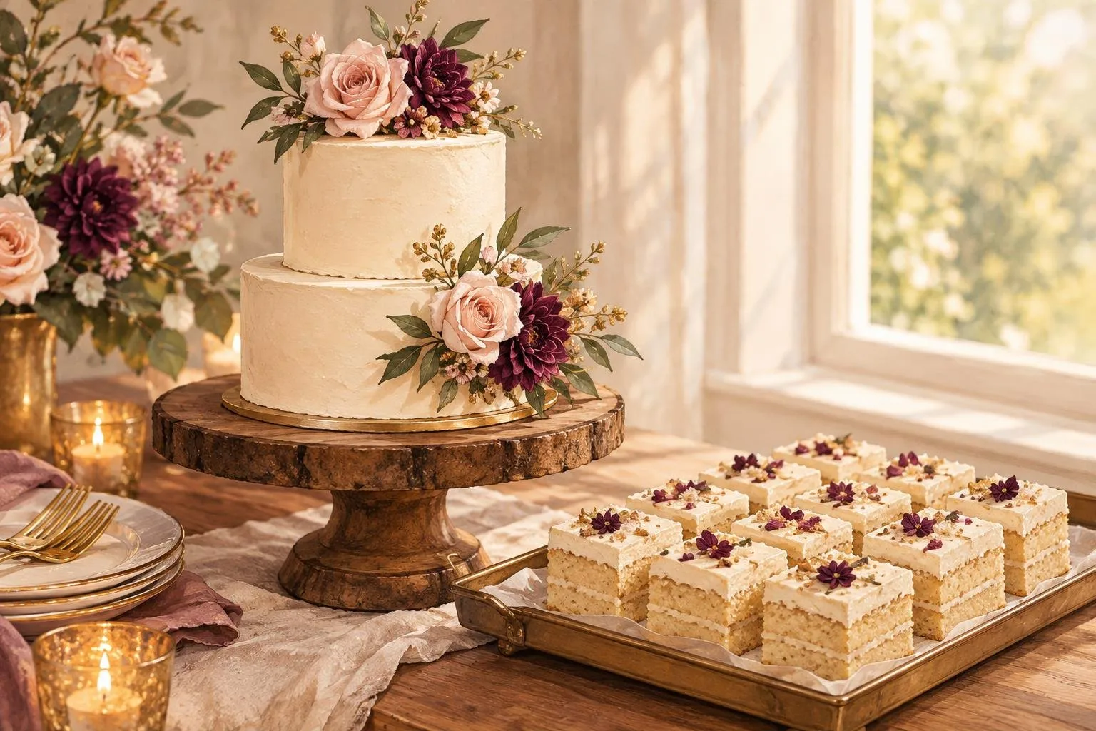 Small display cake beside matching sheet cake squares on a wooden serving table
