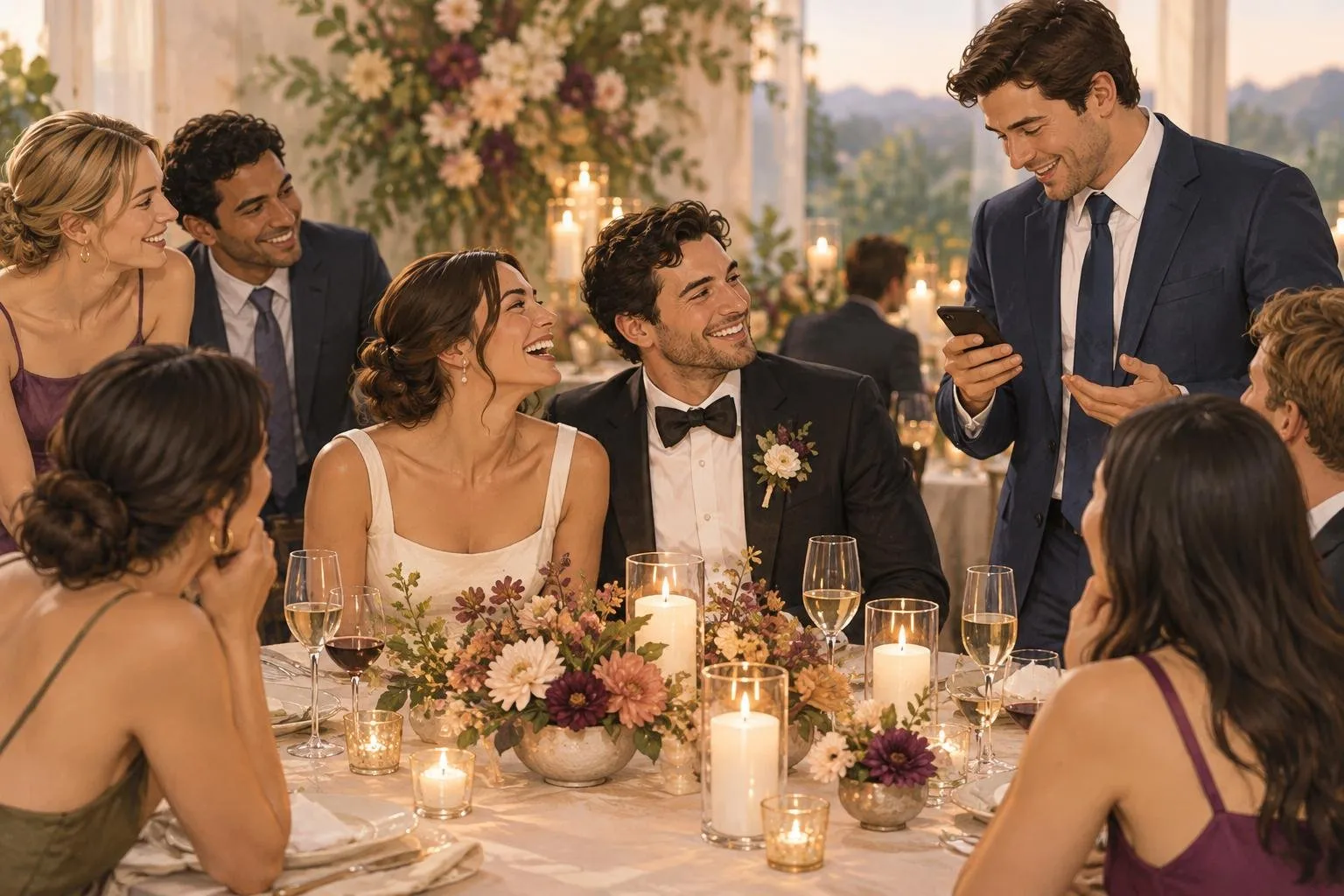 A bride and groom laughing together at a candlelit reception table as guests gather around to hear a playful question.