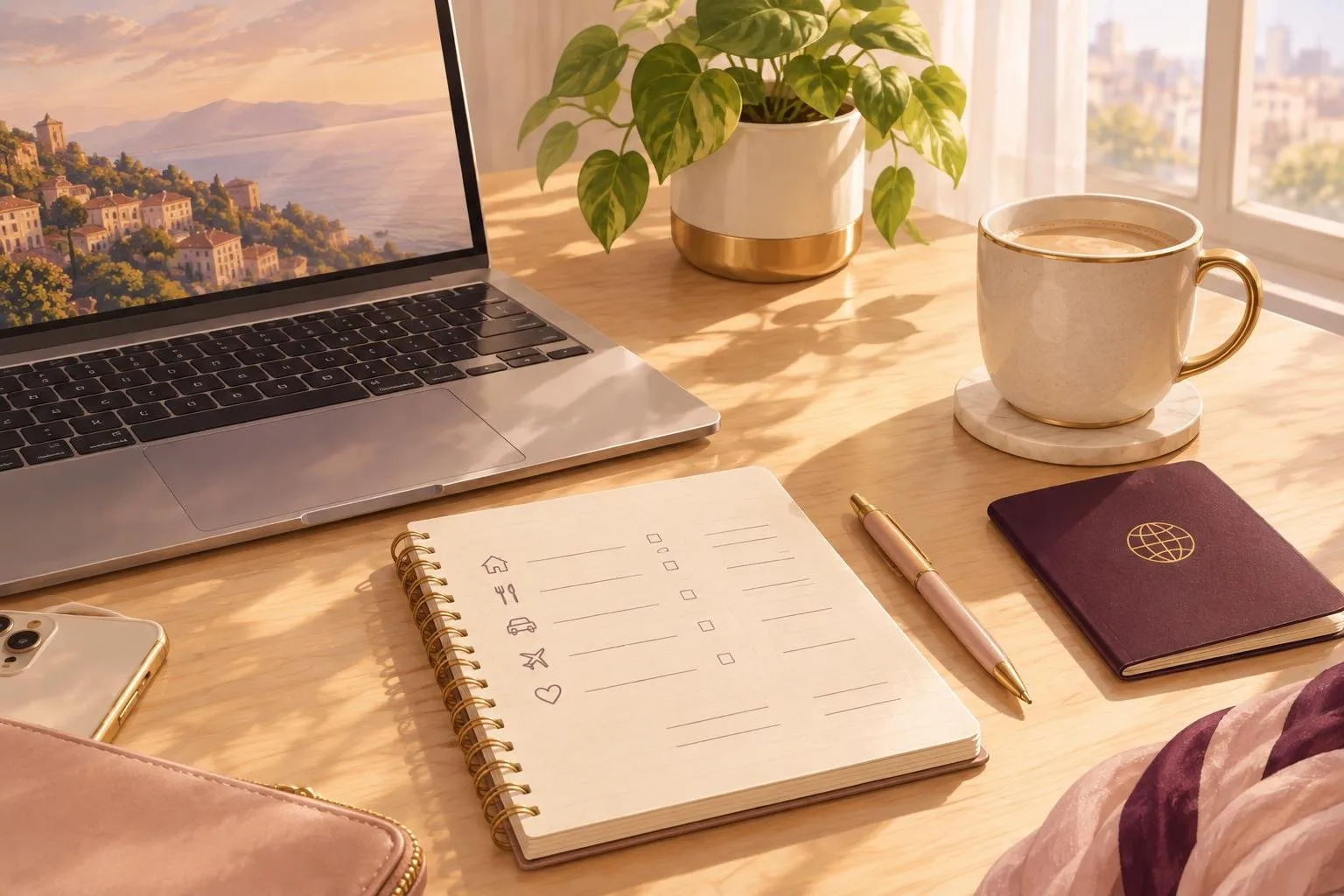 Desk with a laptop, budget notebook, passport and plant arranged for honeymoon planning