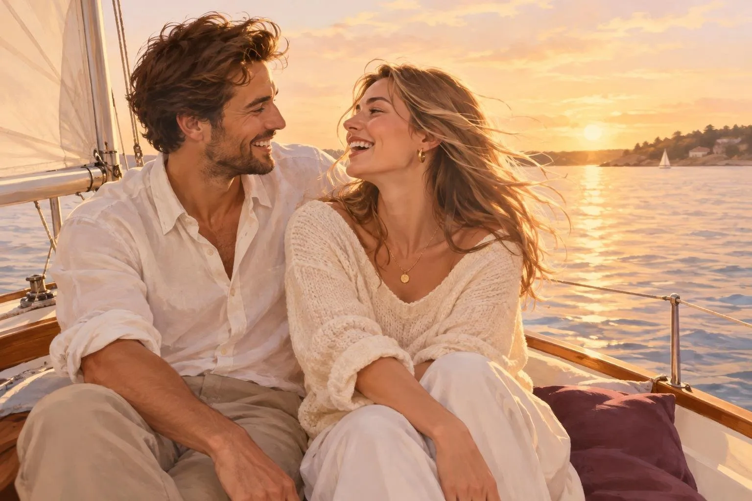 Couple laughing together on a small sailboat during golden hour