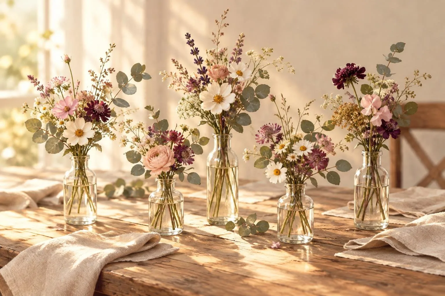 Simple wildflower and eucalyptus arrangements in glass bottles on a wooden table