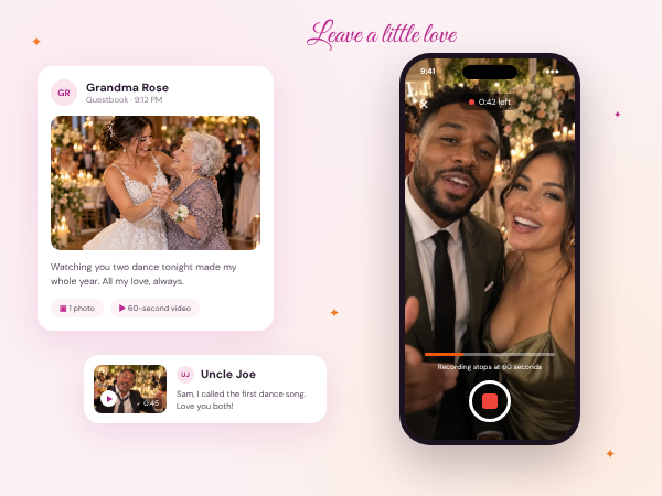 Guestbook messages with a photo and a video, and a phone recording a 60-second video message