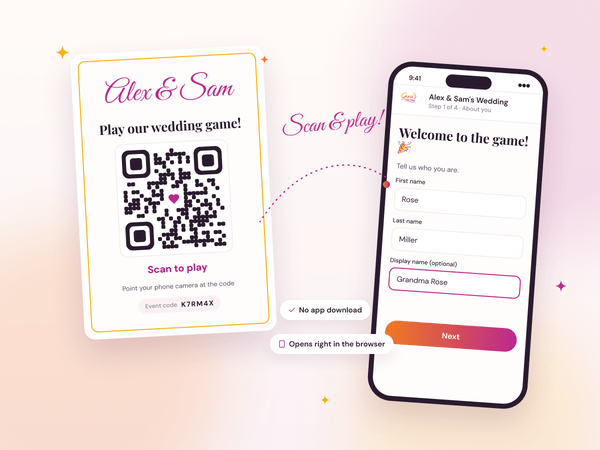 A printed table sign with a QR code next to a phone opening the wedding game in the browser