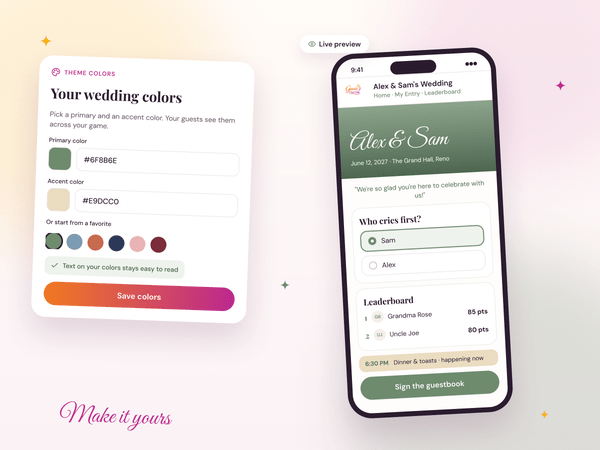 Choosing a primary and accent color, with a live preview of the game on a phone in those colors