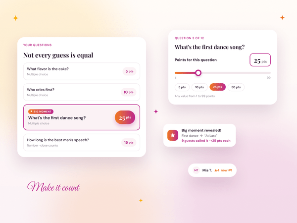 Question cards worth different points, from a 5-point cake question to a 25-point first dance question